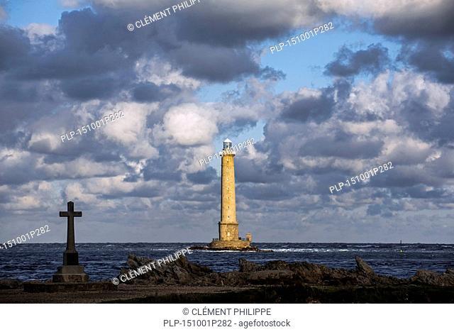 Lighthouse at the Cap de La Hague and monument in honor of the French Vendémiaire submarine crew, Cotentin peninsula, Lower Normandy, France