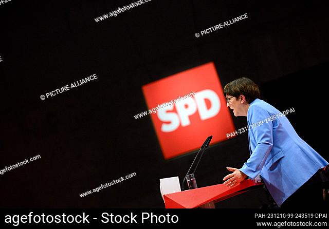 10 December 2023, Berlin: Saskia Esken, Chairwoman of the SPD, speaks at the SPD's regular national party conference at the Berlin Exhibition Center