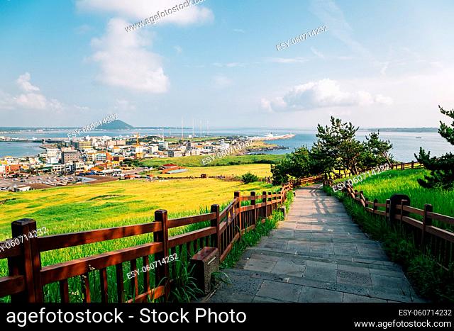 View of seaside village from Seongsan Ilchulbong Tuff Cone in Jeju Island, Korea