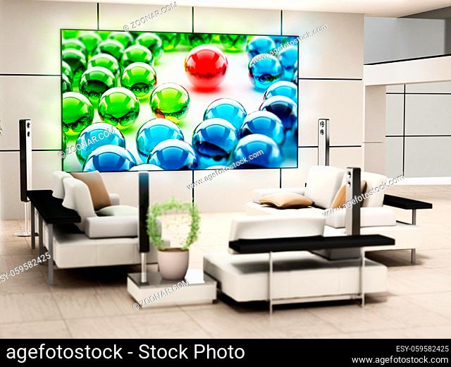 Big screen 8K tv hanging on the wall of a modern room. 3D illustration.
