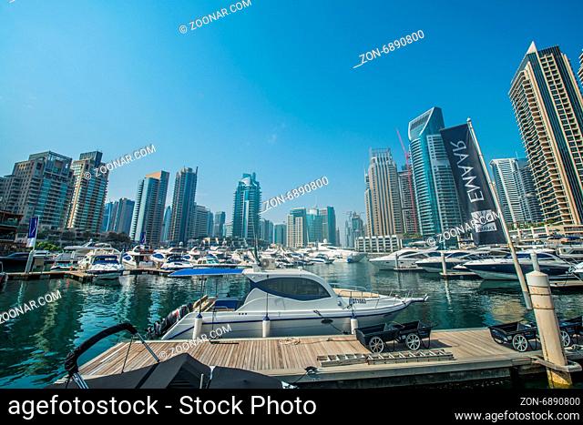 Dubai - AUGUST 9, 2014: Dubai Marina district on August 9 in UAE, Dubai. Dubai Marina district is a popular residential and business area