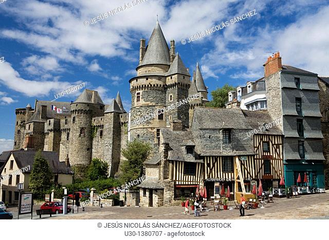 Typical houses and the castle of the old town of Vitré, in Ille-et-Vilaine department  Brittany Region, France
