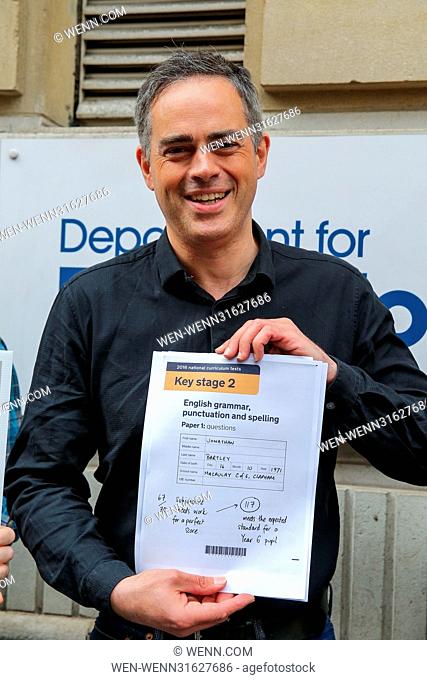 Jonathan Bartley, co-leader of the Green Party receives his SATs results outside the Department for Education headquarters after sitting the Key Stage 2 exam...