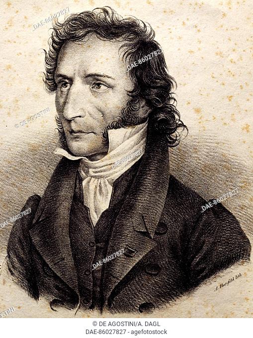 Portrait of Niccolo' Paganini (Genoa, 1782-Nice, 1840), Italian composer and violinist. Lithograph.  Weimar, Liszt-Haus