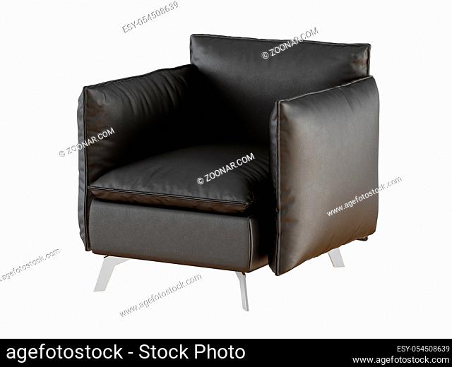 Soft black armchair with iron legs on a white background