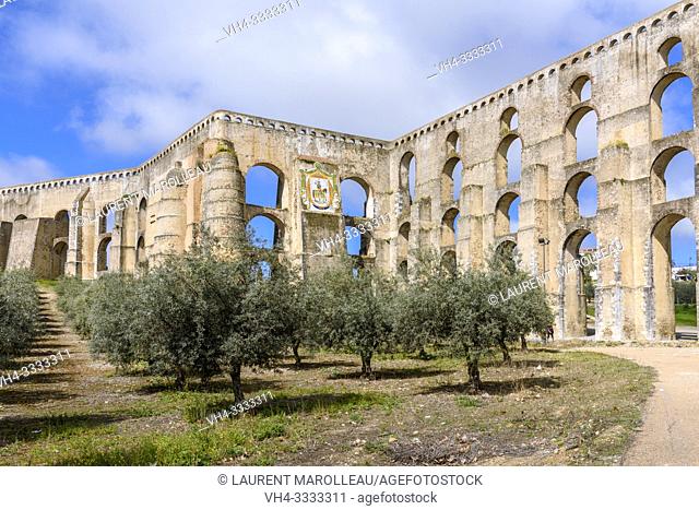 Olive trees and Amoreira Aqueduct, Garrison Border Town of Elvas and its Fortifications, Portalegre District, Alentejo Region, Portugal, Europe
