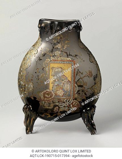 Vase Vase of smoke-colored glass with enamel paint, Vase of smoke-colored glass with a flattened spherical body, standing on four pleated, pointed legs