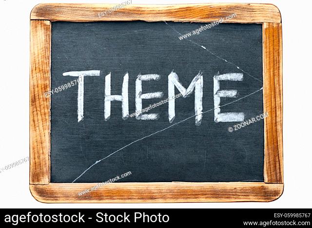 theme word handwritten on vintage school slate board