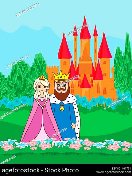 King and queen in front of castle