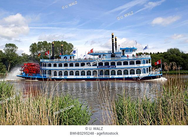 Paddle wheel steamer MS Louisiana Star on Kiel chanel, Germany, Schleswig-Holstein, Dithmarschen