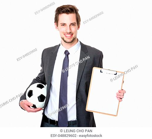 Soccer couch hold with soccer ball and clipboard