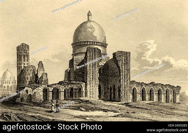 Old outdoor mosque at Soltaniyeh. Iran. Old steel engraved antique print. Published in L'Univers La Perse, in 1841. History of the ancient Persian empire