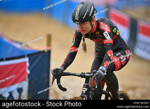 Dutch Denise Betsema pictured in action during the women's elite race of the Krawatencross cyclocross, the seventh stage (out of 8) in the Trofee Veldrijden...