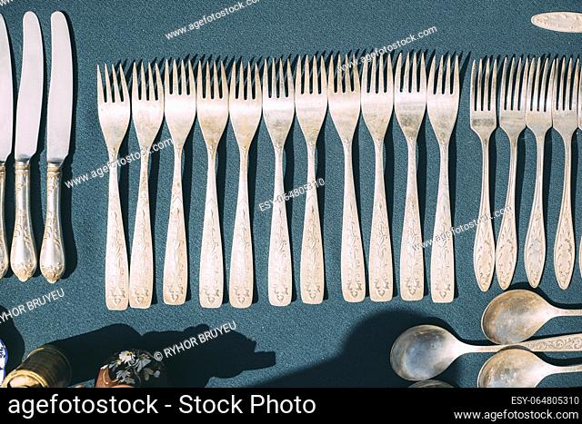 Vintage Forks On Tablecloth. Kitchenware. Set Of Old Kitchen Utensils. Old Crockery Concept. Fork Set. Vintage Silverware