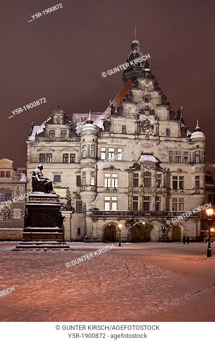 View over Schlossplatz with Friedrich-August-Monument to the 1530-1535 build Georgentor Gate, Dresden, Saxony, Germany, Europe