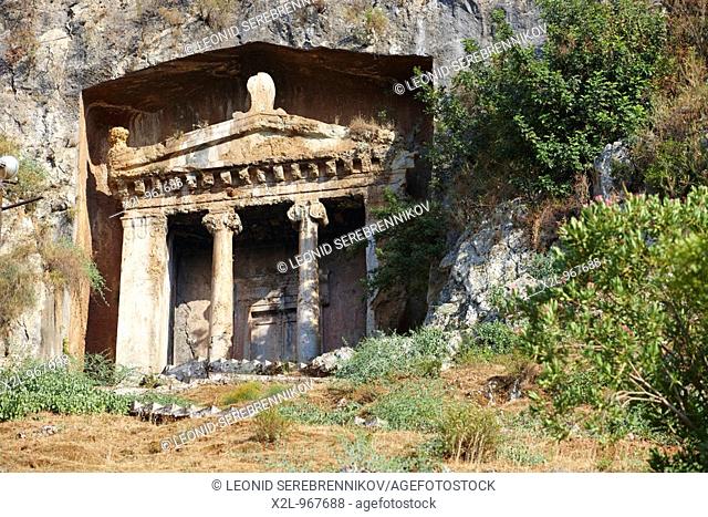 Tomb of Amyntas - rock cut temple-type ancient Lycian tomb located in modern town of Fethiye  Province of Mugla, Turkey