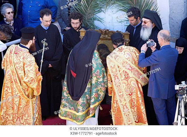europe, greece, dodecanese, patmos island, chora, orthodox easter time, holy thursday, representation of the last supper, mr antipas