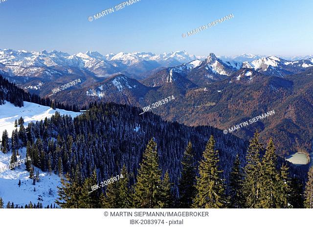 View from Mt Wallberg towards southwest, with mountains Rossstein and Buchstein at back and Mt Zugspitze behind, Upper Bavaria, Germany, Europe, PublicGround