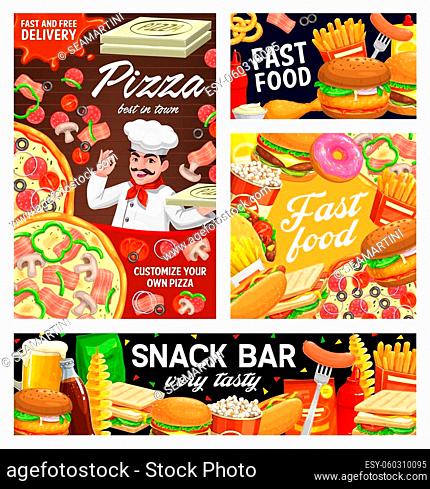 Fast food burgers, sandwiches, pizza and hot dog menu, vector banners, posters. Fastfood snacks bar and pizzeria delivery