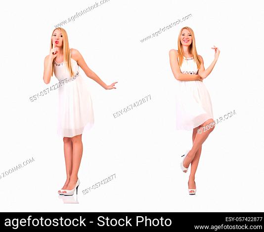 The beautiful woman in white dress isolated on white
