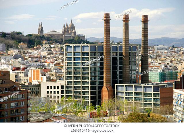 'Tres Xemeneies' former industrial complex at Avinguda del Paral.lel. Montjuic in background. Barcelona. Spain