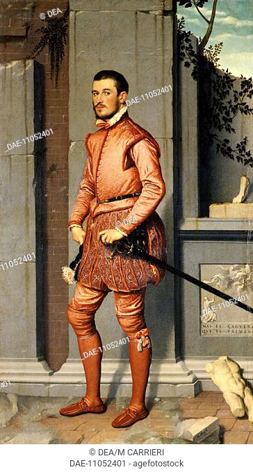 Portrait of Gian Gerolamo Grumelli, the Knight in pink, 1560, by Giovanni Battista Moroni (ca 1525-1578), oil on canvas, 216x123 cm
