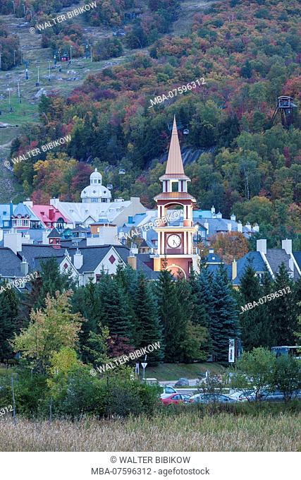 Canada, Quebec, The Laurentians, Mont Tremblant, Mont-Tremblant Ski Village, dusk, autumn