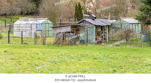 some allotment gardens at early spring time in southern germany