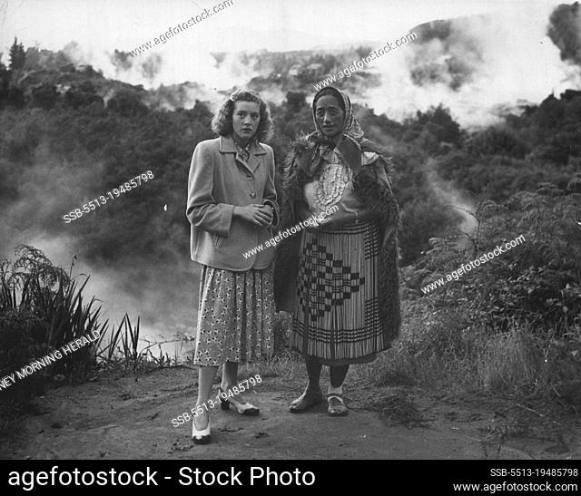Lois Berger and guide Rangi at Whakarewarewa a Maori village, centre of the Thermal activity, Rotorua. Rangi who is a world famous Maori has shown all visitors...