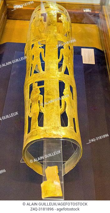 Egypt, Cairo, Egyptian Museum, from the tomb of Yuya and Thuya in Luxor : Gilded bands for Thuya mummy, made of cloth and plaster