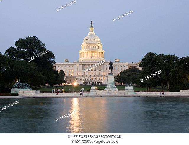 Washington DC, USA, the Capitol Building, legislative branch of the US government, as seen at night from the National Mall