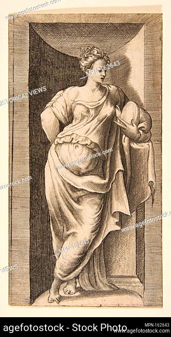 A muse standing in a niche, left arm resting in a ledge. Artist: Giulio Bonasone (Italian, active Rome and Bologna, 1531-after 1576); Date: ca