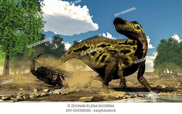 Shantungosaurus defending from tarbosaurus dinosaur attack - 3D render