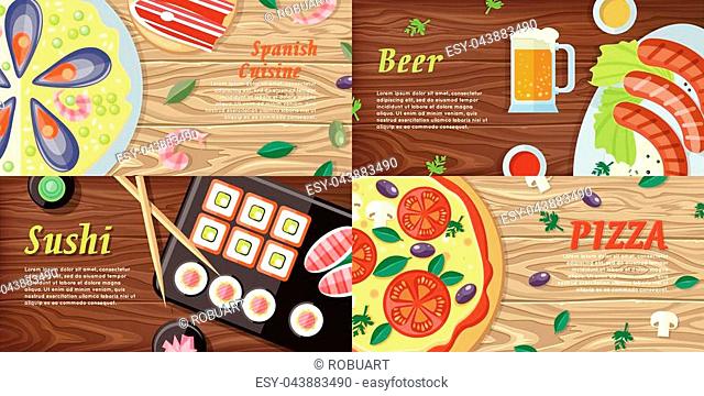 National dishes and drinks web banners. Pizza, beer, sushi, sea food horizontal concepts on wooden background. German, Japanese, Italian