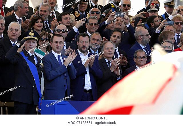 Italian politicians Ettore Rosato, Matteo Salvini, Enzo Moavero Milanesi, Giovanni Tria and Sergio Costa during the military parade in via dei Fori Imperiali