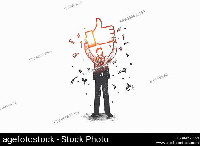 Network communication concept. Hand drawn thumbs up sign as symbol of like. Networking symbol isolated vector illustration