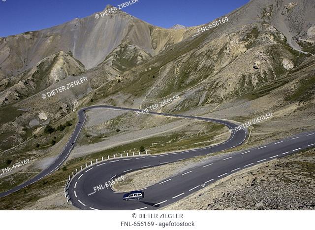 Aerial view of winding road, Col d Izoard, France