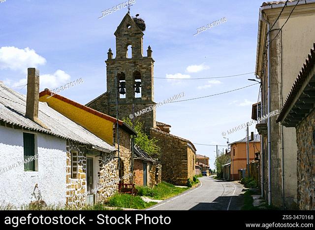 Belfry with three openings and two bells of the parish church of Santiago in the town of El Ganso. French Way, Way of St. James