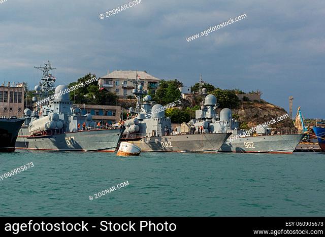 Sevastopol, Russia - June 09, 2016: Warships in Sevastopol naval base Black Sea Fleet at the Bay of Karantinnaya. Crimea