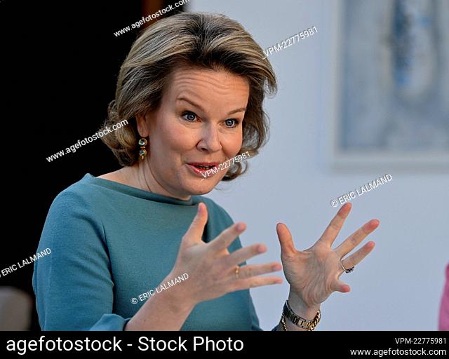 Queen Mathilde of Belgium pictured during a meeting with several women on the position of women in the society, on the occasion of international women day (last...