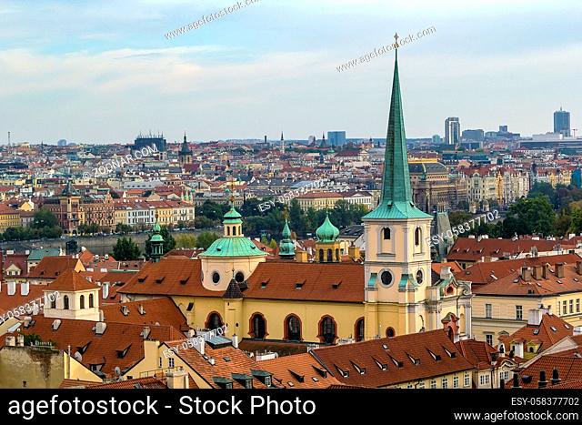 view of Prague with St Thomas Church from Prague castle, Czech republic