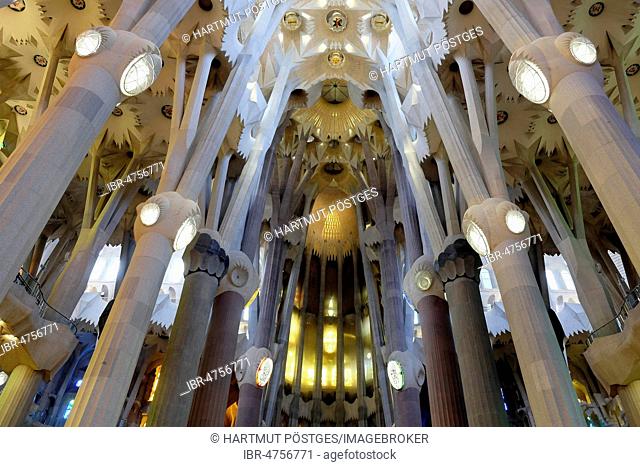 Interior view ceiling vault, Sagrada Familia by Antoni Gaudi, Barcelona, Catalonia, Spain