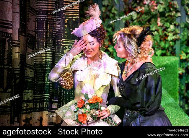 RUSSIA, MOSCOW - OCTOBER 26, 2023: Actors Tatyana Vedeneyeva (R) as Donna Lucia and Yekaterina Olkina as Ela Delahay perform during the premiere of Dmitry...