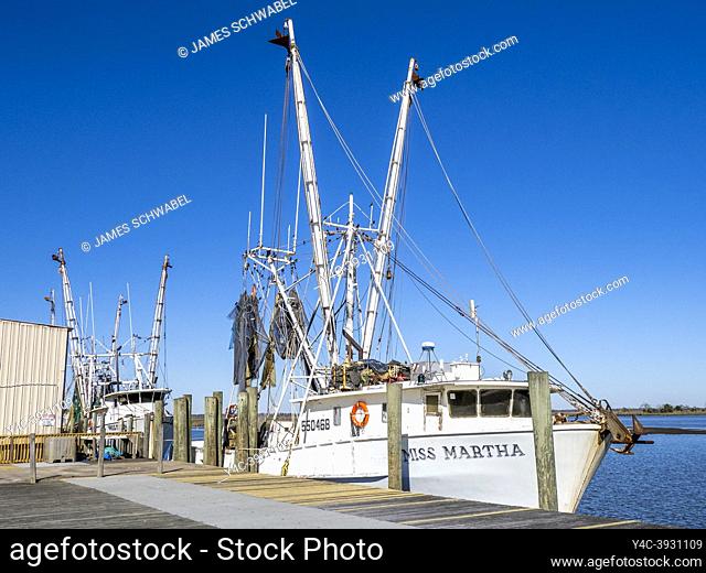 Shrimp boatat dock in Apalachicola River in Apalachicola in the panhandle area of Florida USA