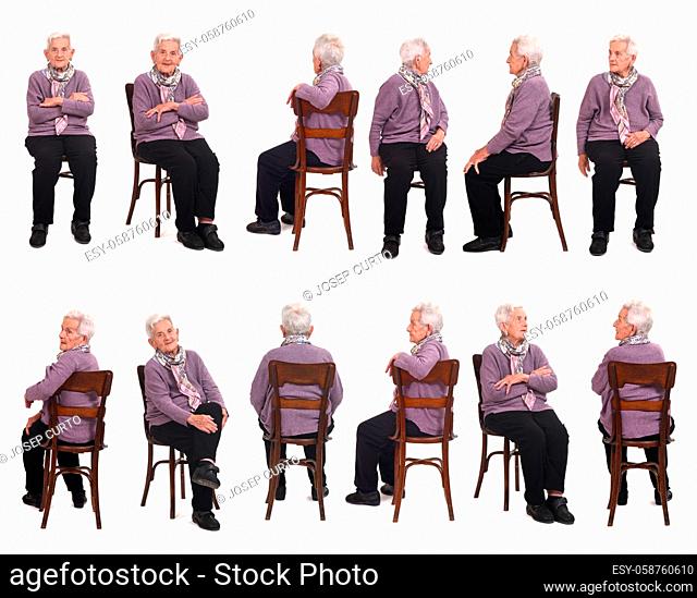 large group of same senior woman sitting on white background