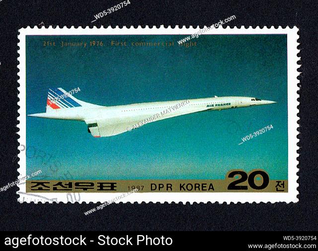 DPR Korea - CIRCA 1987: Post stamp printed in DPR Korea in 1987 dedicated to first commercial flight of Concorde air liner