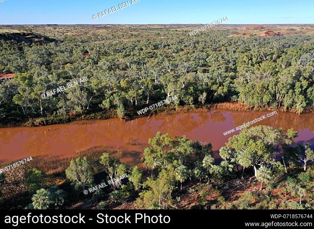 Aerial landscape view of Fortescue River in Millstream Chichester National Park in the Pilbara region Western Australia, Credit:Rafael Ben Ari / Avalon