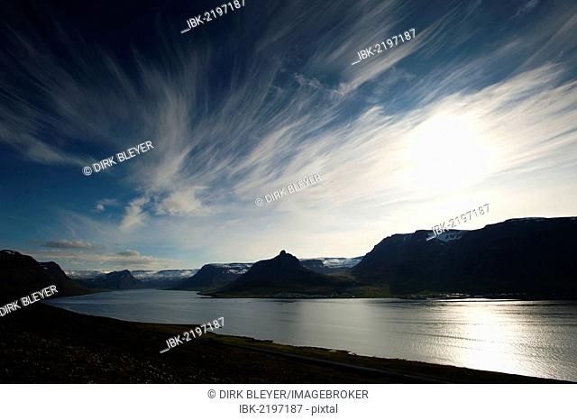 View towards the town of Suðavík, Sudavik, Álftafjoerður, Alftafjoerdur fjord, Westfjords, Iceland, Europe