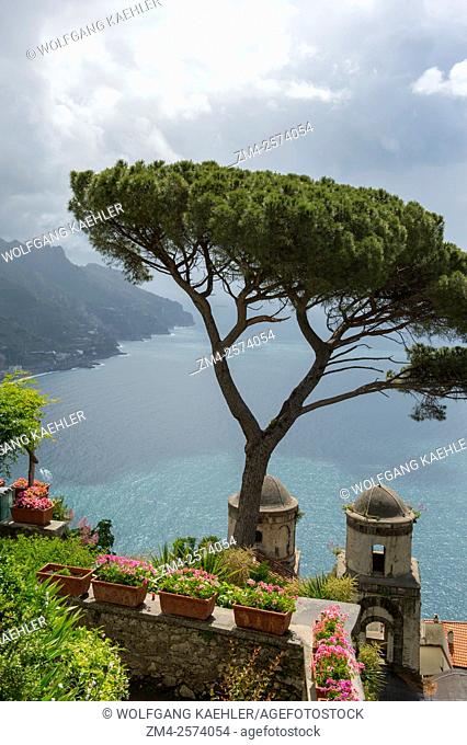 View of the Mediterranean Sea and Umbrella pine tree from the garden of Villa Rufolo in Ravello on the Amalfi Coast, Italy
