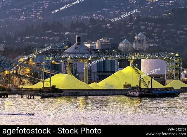 Piles of yellow sulfur at the North Vancouver Sulfur Works - North Vancouver, British Columbia, Canada